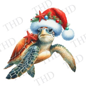 Tortuga marina navideña costera, Navidad en la playa, imagen descargable, JPG/PNG, clipart para sublimación/prensa térmica