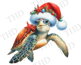 May include: A sea turtle wearing a red and white Santa hat with a white pom-pom. The turtle has a green and brown shell and is decorated with red starfish.