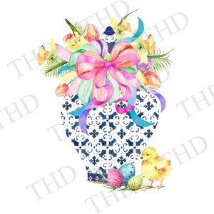 Easter Chick Chinoiserie Blue en White Ginger Jar png/clipart