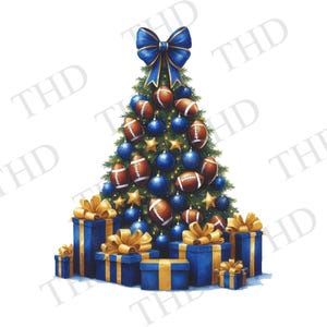 Team koningsblauw en goud voetbal kerstboom, voetbalseizoen, vakantieseizoen Clipart JPG/PNG-afbeelding voor sublimatie en warmtepers