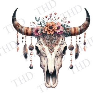 BoHo Cow Skull, Clipart sur le thème du Sud-Ouest pour Sublimation/Heat Press