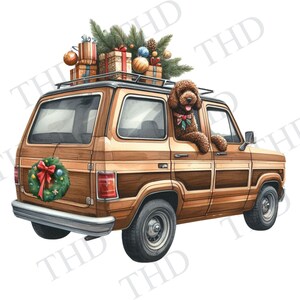 Doodle Dog Christmas, Labradoodle marrón, Vintage Station Wagon, saludo de temporada, regalos de Hanukkah, PNG, imágenes prediseñadas para sublimación/prensa de calor