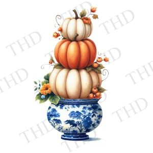 Oranje en witte pompoenen blauw en wit Chinoiserie Topiary, Fall Decor PNG, Thanksgiving PNG, Clipart voor sublimatie/hittepers