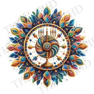 Image téléchargeable colorée Menorah Mandala Hanukkah, fête juive, JPG/PNG, clipart pour sublimation/presse à chaud