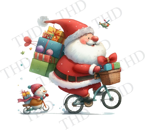クリスマスサンタが自転車に乗っている PNG、昇華/ヒートプレス