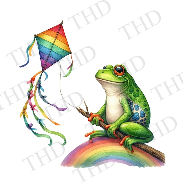 Frog Flying A Kite,  Rainbow Colors Clipart JPG / PNG Image For Sublimation And Heat Press