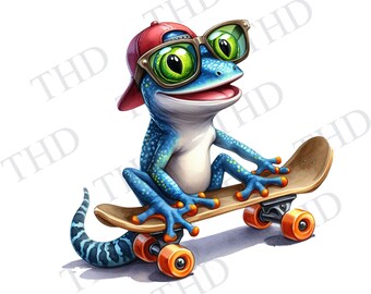 May include: A blue and green frog wearing a red baseball cap and sunglasses is riding a wooden skateboard with orange wheels.