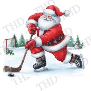 Papai Noel jogando hóquei, Boas festas, JPG/ PNG clipart para download para sublimação/prensa térmica, design para camisetas, canecas, chapéus, bolsas