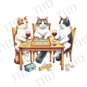 May include: Three cats sitting at a table playing a game of mahjong with glasses of wine. The cats are white with black markings, orange and white, and gray and white. The table is brown wood with a white tablecloth. There are mahjong tiles on the table and a small box of tiles.