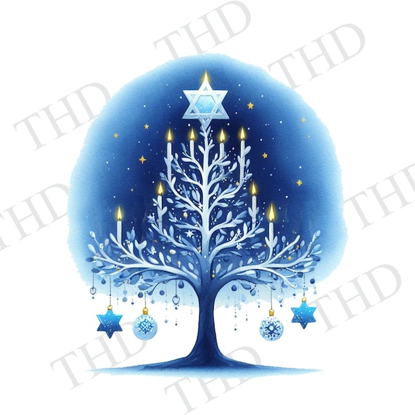 Happy Hanukkah, Menorah Tree, Star of David, Night of Lights, PNG, Clipart for Sublimation/Heat Press