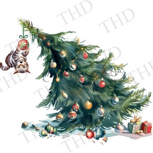Chat dans le sapin de Noël/Joyeuses fêtes PNG, Clipart pour sublimation/presse à chaud
