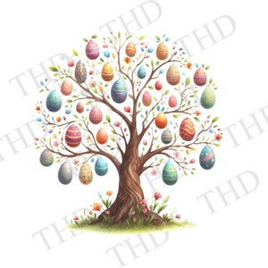 Puede incluir: Una ilustración de acuarela de un árbol con huevos de Pascua coloridos colgando de sus ramas. El árbol tiene un tronco marrón y hojas verdes. Los huevos están decorados con varios patrones y colores.