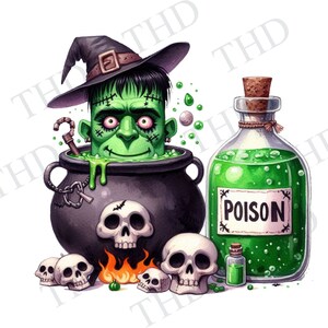Op de afbeelding: Een groen monster met een heksenhoed is ondergedompeld in een ketel met groene vloeistof. De ketel is omringd door schedels en een fles met groene vloeistof met het label "POISON".