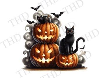 Gatto nero e zucche di Halloween PNG, clipart per sublimazione/stampa a caldo