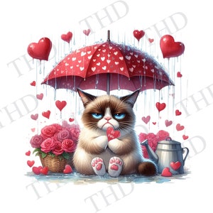 Może przedstawiać: Zły kot z niebieskimi oczami trzyma czerwone serce z napisem "Be Mine" pod czerwonym parasolem z białymi sercami. Kot siedzi na łóżku z czerwonych róż z konewką i kroplami deszczu spadającymi wokół niego.