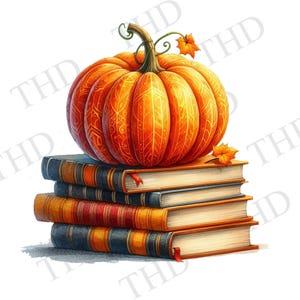 May include: Watercolor illustration of a large orange pumpkin with decorative etched lines, atop a stack of four books. The books have red, orange, and blue spines with red ribbon bookmarks. Autumn-themed image.