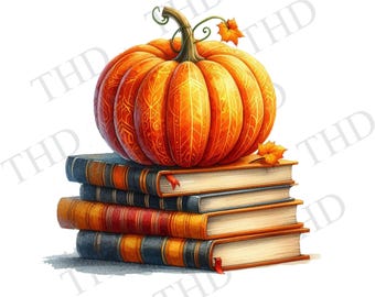 カボチャと本、ダウンロード可能なハロウィン画像、JPG/PNG、昇華/熱転写用クリップアート