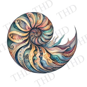 Puede incluir: Una concha de nautilus colorida con intrincados patrones en tonos de azul, verde, amarillo, naranja y rojo. La concha se representa de forma estilizada, casi abstracta, con un enfoque en los patrones y texturas en espiral.