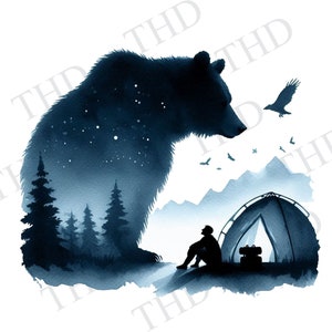 Silhouette d'ours et homme de camping, clipart téléchargeable sur le thème de la montagne JPG/PNG pour sublimation/presse à chaud
