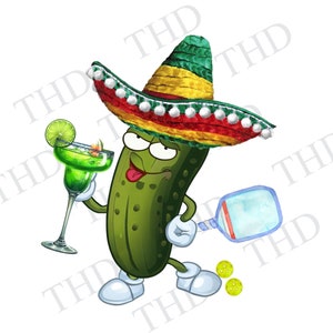 Könnte beinhalten: Eine Cartoon-Gurke, die einen grünen, gelben und roten Sombrero trägt, hält eine grüne Margarita und einen blauen Schläger. Die Gurke trägt weiße Schuhe und hat die Zunge herausgestreckt. Auf dem Boden liegen zwei gelbe Bälle.