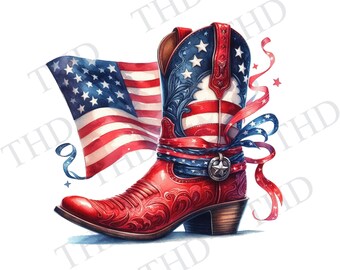 Patriotic Cowboy Boot Clipart: Red White Blue, Independence Day (PNG/JPG)