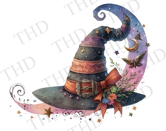 Imágenes prediseñadas de sombrero de bruja en acuarela: imagen PNG/JPG de Halloween (descarga digital)