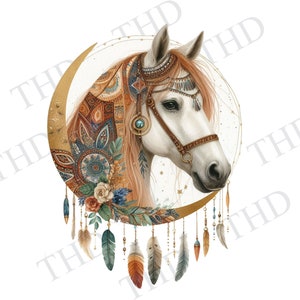 Cheval blanc boho, clipart sur le thème du sud-ouest pour sublimation/presse à chaud