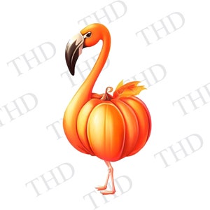 May include: A pink flamingo with a pumpkin for a body. The pumpkin is orange and has a green stem. The flamingo is standing on one leg and has its head turned to the side.