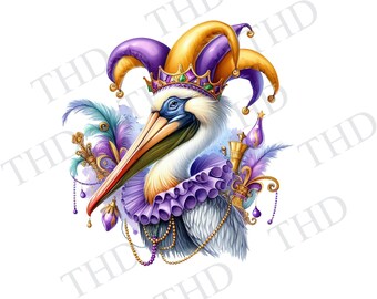 Mardi Gras Pelican, Downloadable Image PNG, Clipart for Sublimation/Heat Press