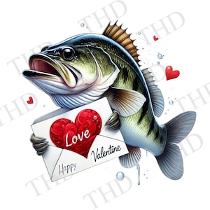 Bass Fischer Valentinstag, JPG / PNG herunterladbare Clipart für Sublimation / Transferpresse, Design für Hüte, Tassen, T-Shirts, Taschen