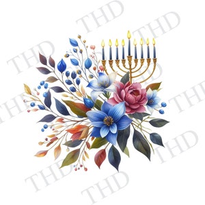 La menorah, image téléchargeable de fleurs de Hanoukka, fête juive, PNG, clipart pour sublimation/presse à chaud