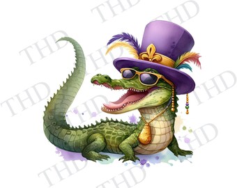 Mardi Gras Alligator Clipart: Party Gator PNG (Digital Download)