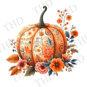 Orange Chinoiserie Pumpkin Fall Decor PNG, Thanksgiving PNG, Clipart for Sublimation/Heat Press