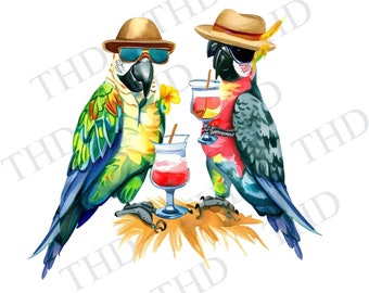 Tropical Parrots Sipping Drinks png/clipart