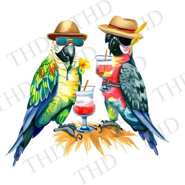 Tropical Parrots Sipping Drinks png/clipart