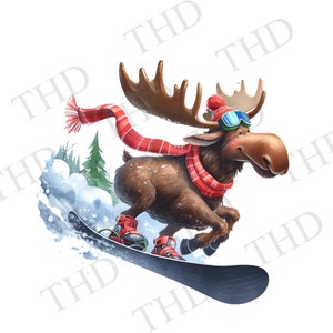 Orignal sur une planche à neige, ski sur neige, poudreuse PNG, Thanksgiving PNG, cliparts pour sublimation/presse à chaud