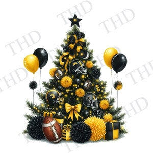 Gele en zwarte voetbalkerstboom, downloadbare afbeelding, vakantieseizoen clipart JPG/PNG-afbeelding voor sublimatie en hittepers