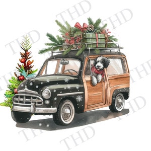 Doodle Hund Weihnachten, schwarz und weiß Labradoodle auf der Suche, Vintage Station Wagon, Chanukka Geschenke, PNG, Clipart für Sublimation