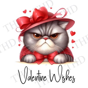Könnte beinhalten: Eine mürrische graue Katze, die einen roten Hut mit einer großen Schleife und einer roten Fliege trägt. Die Katze schaut direkt auf den Betrachter. Der Text "Valentine Wishes" steht unter der Katze.
