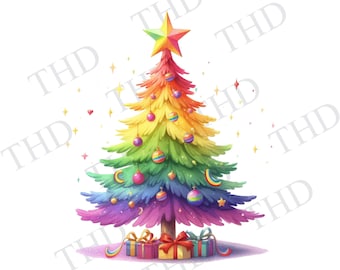 Rainbow Christmas Tree PNG, Clipart for Sublimation/Heat Press
