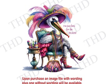 Mardi Gras Pelican With Beads PNG, JPG Clipart for Sublimation/Heat Press