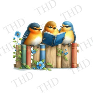 Livros e pássaros Imagem clipart para download, JPG/PNG para prensa térmica/sublimação, design gráfico para camisetas, canecas, chapéus, bolsas