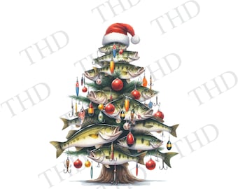 Bass Fisherman Christmas Tree, Christmas Decor, Nautical Christmas Downloadable Digital Image JPG/PNG, Clipart for Sublimation/Heat Press