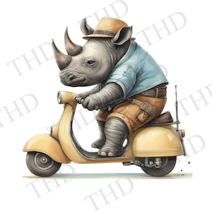 Animal de chambre d'enfant, rhinocéros, trottinette PNG, bébé animaux de la jungle des cliparts pour sublimation/presse à chaud