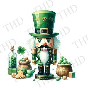 May include: A green and gold nutcracker figurine dressed as a leprechaun with a shamrock on his hat. He is holding a candy cane and standing on a green base with gold trim. There are green shamrocks, a pot of gold, and a gingerbread man on the base.