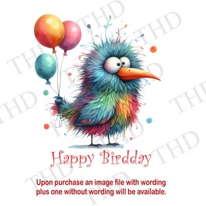 Joyeux anniversaire Whimsical Funny Bird PNG/JPG, Clipart pour sublimation/Heat Press