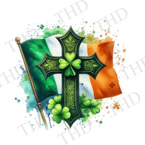 May include: A green shamrock cross with intricate details is superimposed on an Irish flag with green, white, and orange colors. The flag is painted in a watercolor style with green splatters in the background.