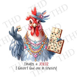 Lustiges Mah Jongg Huhn mit Joker, herunterladbare Clipart für T-Shirts, Karten und Tassen, PNG für Sublimation / Transferpresse,