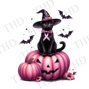 Chat noir d'octobre vêtu de rose, sensibilisation au cancer du sein, clipart PNG/JPG pour sublimation/presse à chaud, téléchargement numérique
