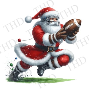 Papai Noel jogando futebol, Boas festas, JPG/ PNG clipart para download para sublimação/prensa térmica, design para camisetas, canecas, chapéus, bolsas